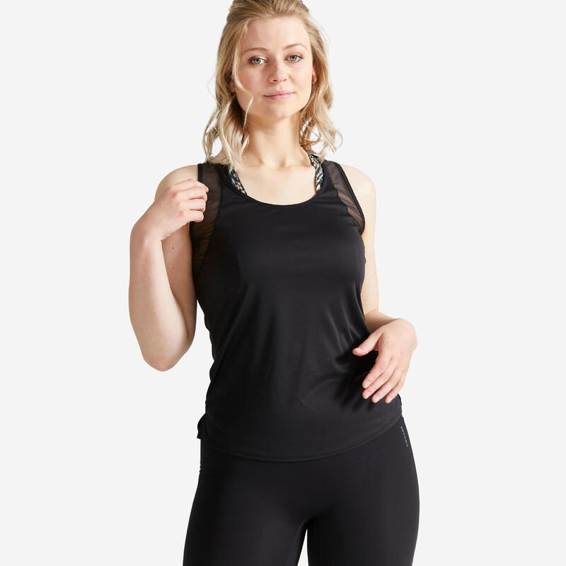 Camiseta fitness sin mangas tirantes espalda nadadora Mujer Domyos negro