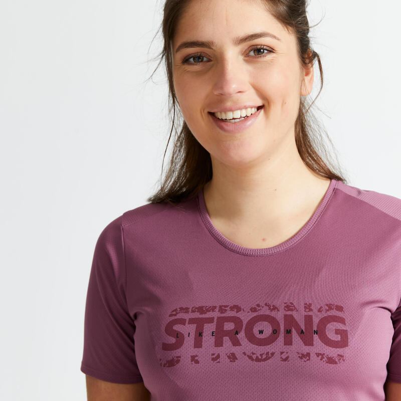 Getailleerd T-shirt voor cardiofitness dames ronde hals paars