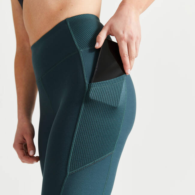 High-Waisted Seamless Fitness Leggings with Phone Pocket - Green DOMYOS