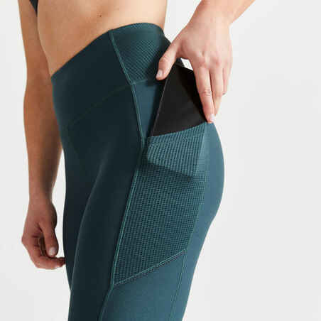 Women's Fitness Cardio Leggings with Phone Pocket - Green/Beige
