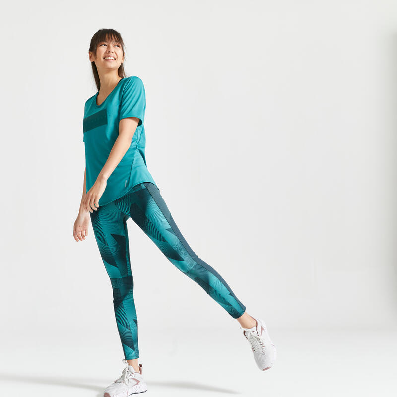 Legging voor cardiofitness dames smartphonezak print groen