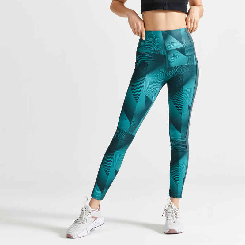 Leggings mit Smartphonetasche Damen Fitness Cardio - grün bedruckt