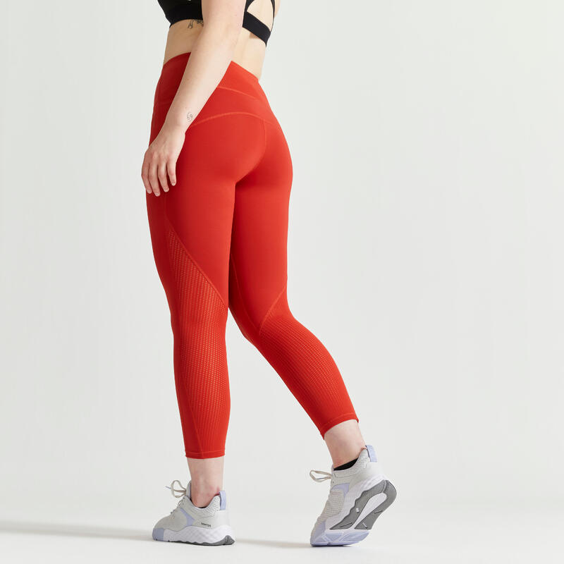 7/8-Leggings mit hohem Taillenbund Fitness Cardio figurformend Damen ziegelrot