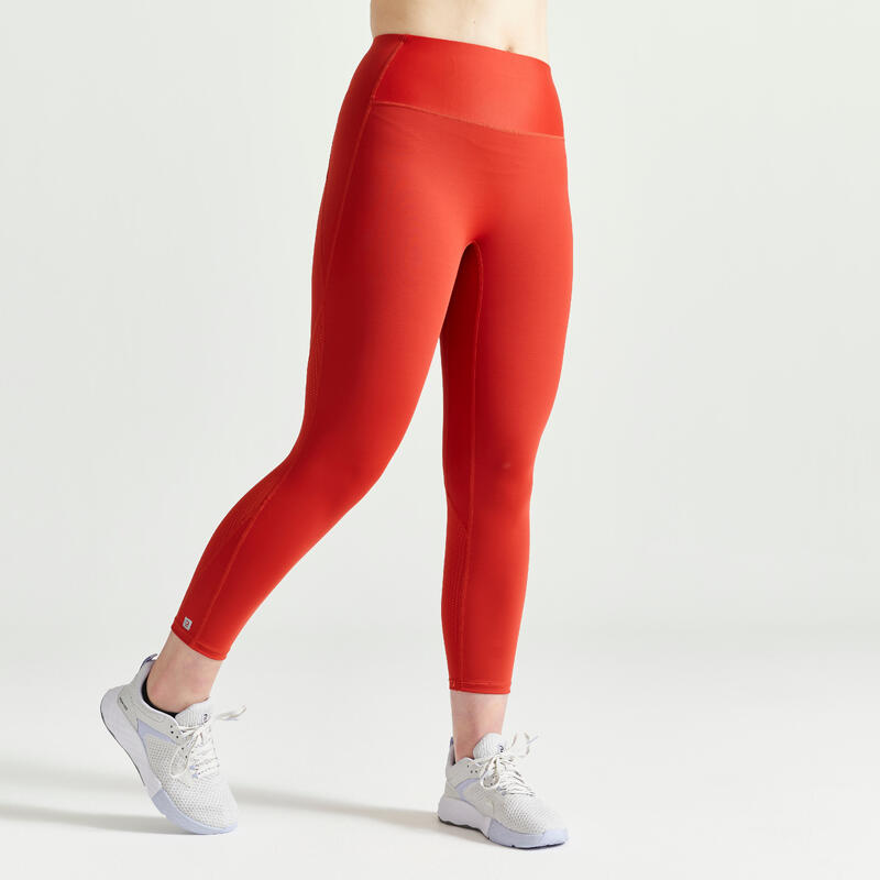 7/8-Leggings mit hohem Taillenbund Fitness Cardio figurformend Damen ziegelrot