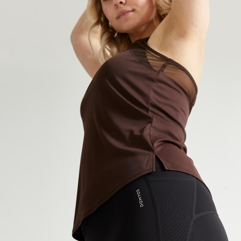 Camiseta fitness sin mangas tirantes espalda nadadora Mujer Domyos marrón