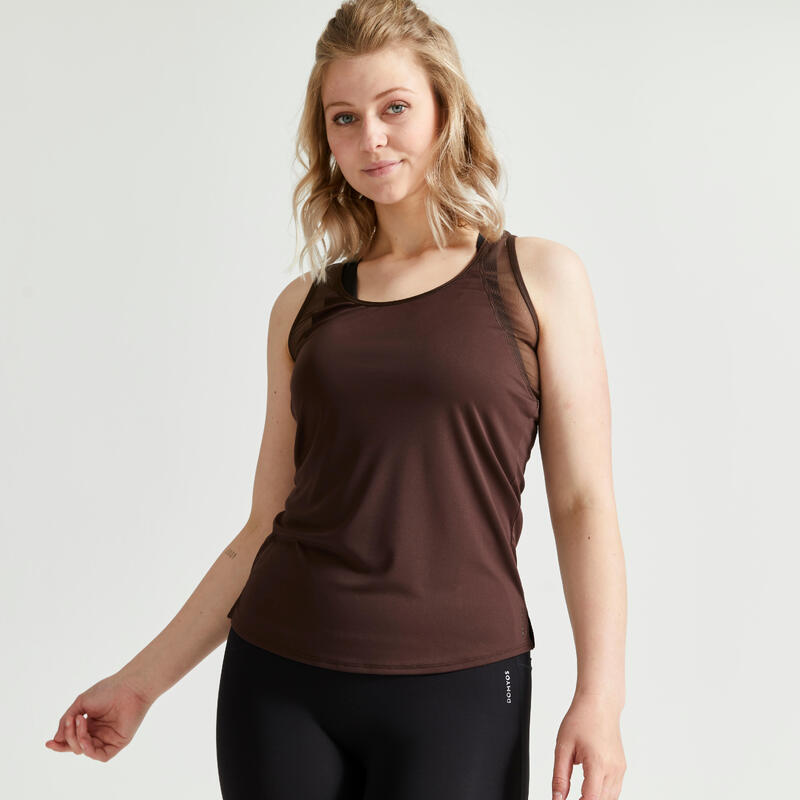 Camiseta fitness sin mangas tirantes espalda nadadora Mujer Domyos marrón