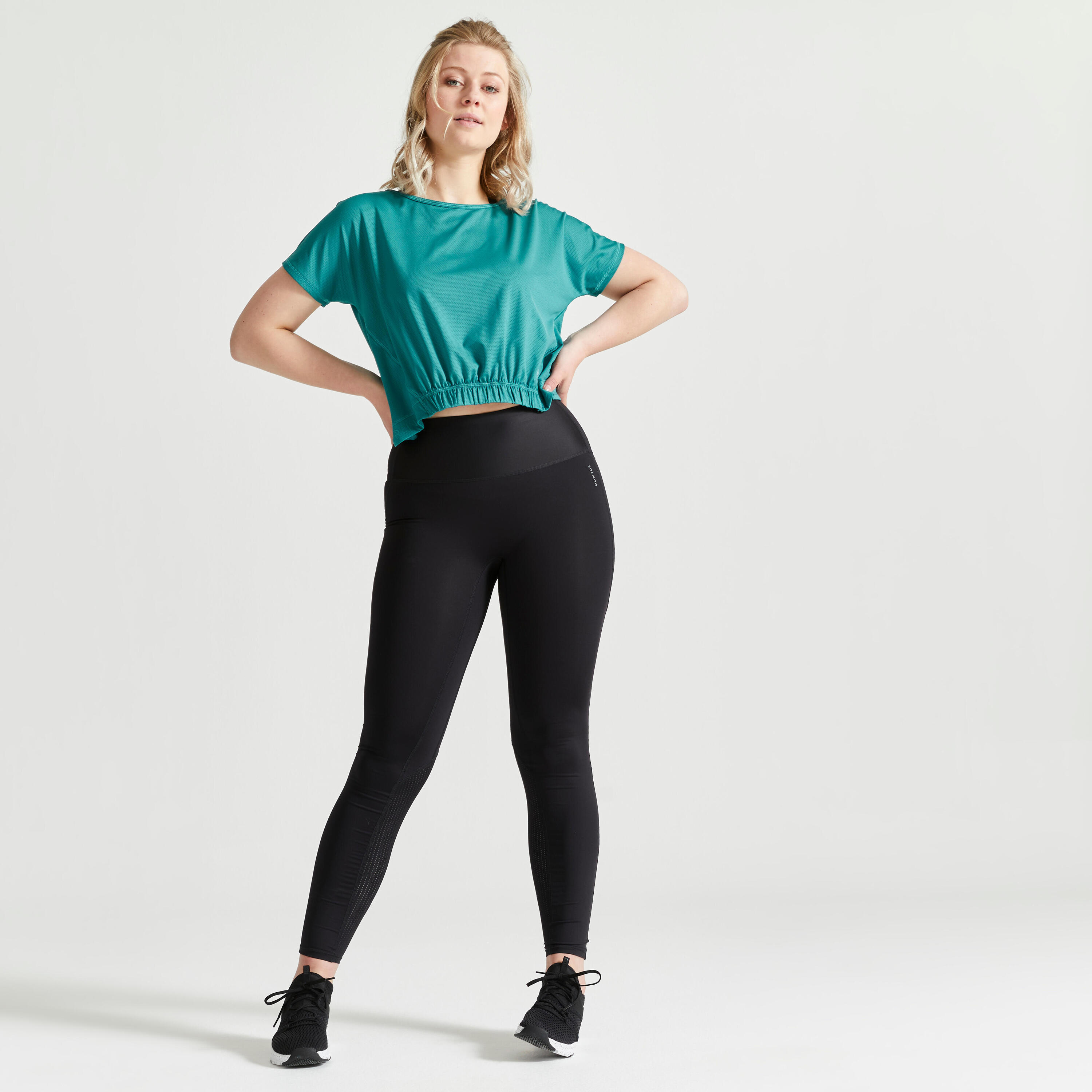 Crop-top de fitness amplio y manga corta para Mujer Domyos 520 turquesa 2/4