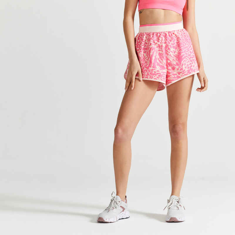 Shorts Loose-Fit 100 Fitness Cardio Damen schwarz/weiss bedruckt Shorts Loose-Fit 100 Fitness Cardio Damen schwarz/weiss bedruckt