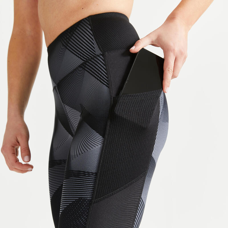 Leggings de Cardio Training com Bolso para Telemóvel Mulher Estampado Cinzento e Preto