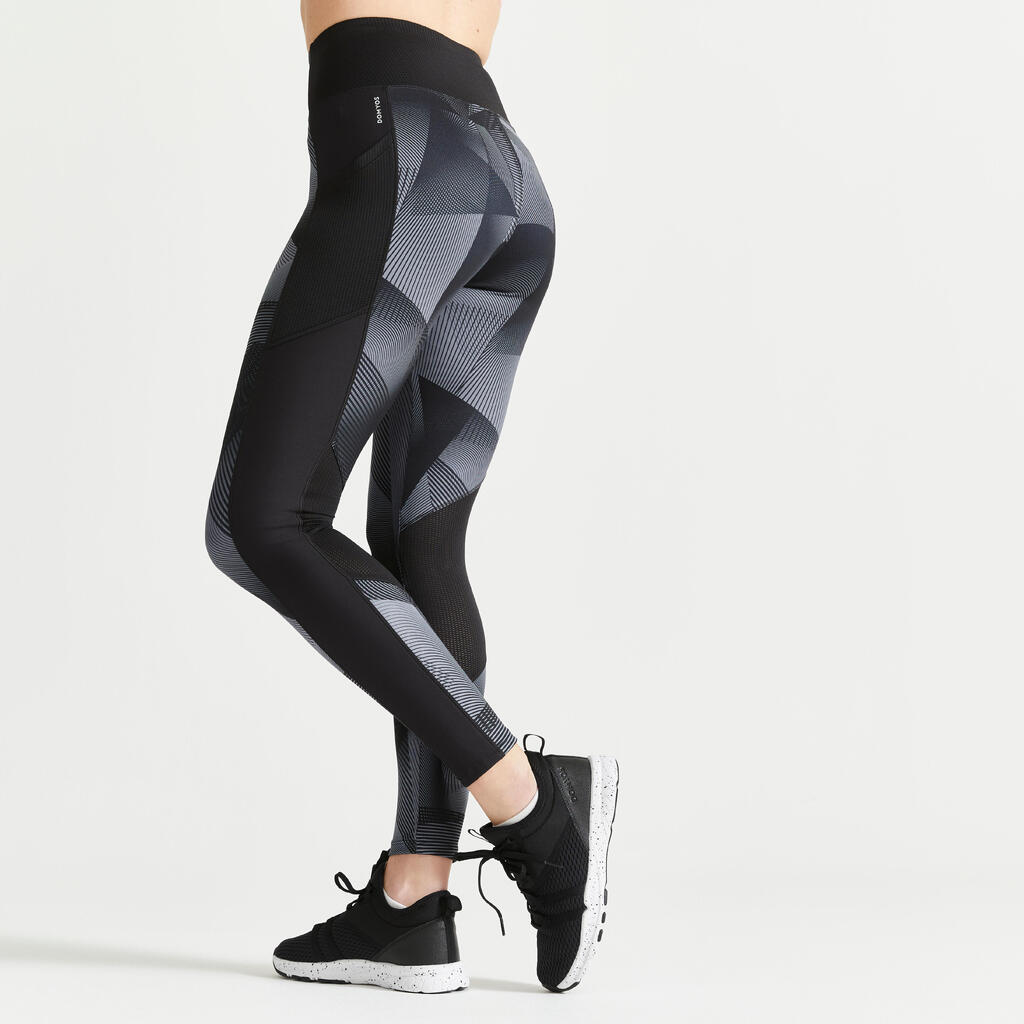 Women's Fitness Cardio Leggings with Phone Pocket - Grey Print/Black