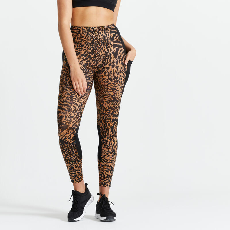 Női leggings fitneszhez FTI 120, telefonzsebes, leopárd mintás