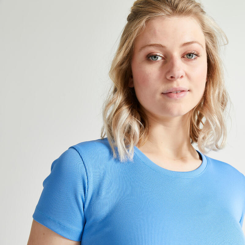 T-shirt crop-top manches courtes Fitness Cardio Femme Bleu