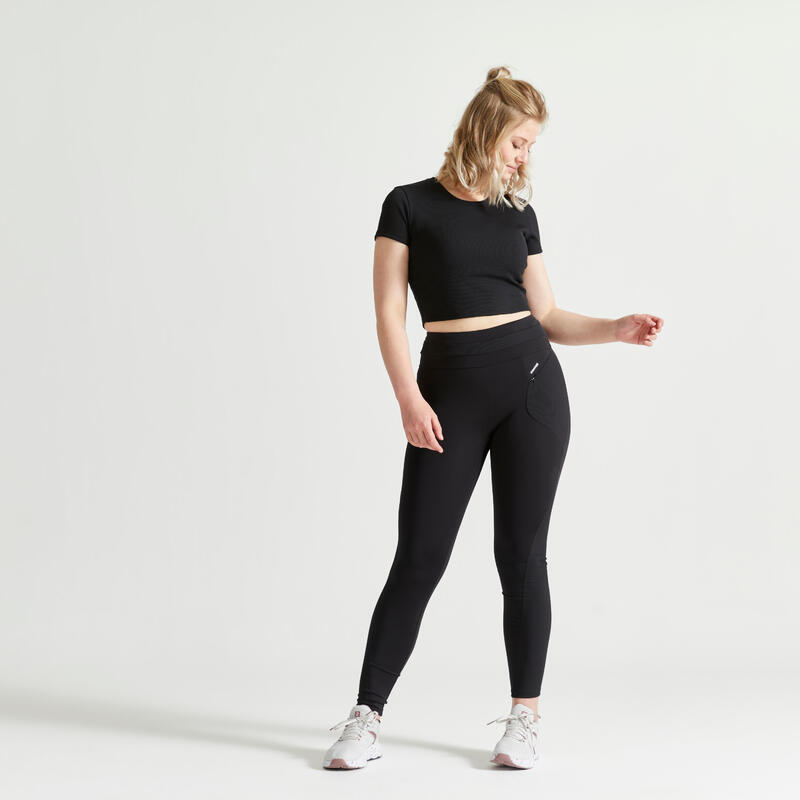 Legging met hoge taille en aantrekkoordje voor cardiofitness dames zwart