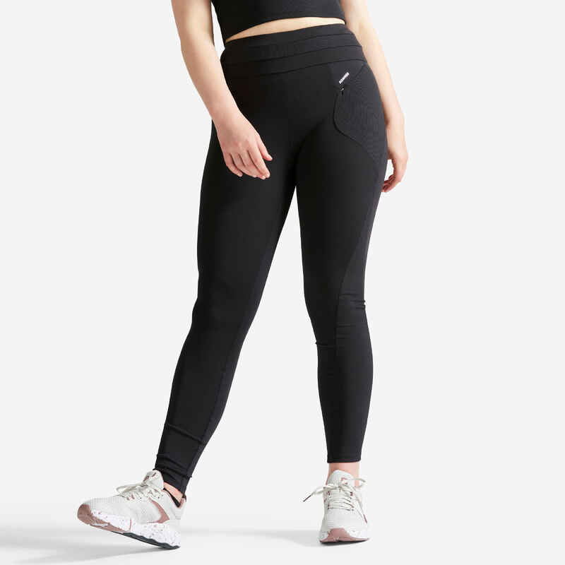 Leggings mit hohem Taillenbund und Tunnelzug Fitness Cardio Damen schwarz