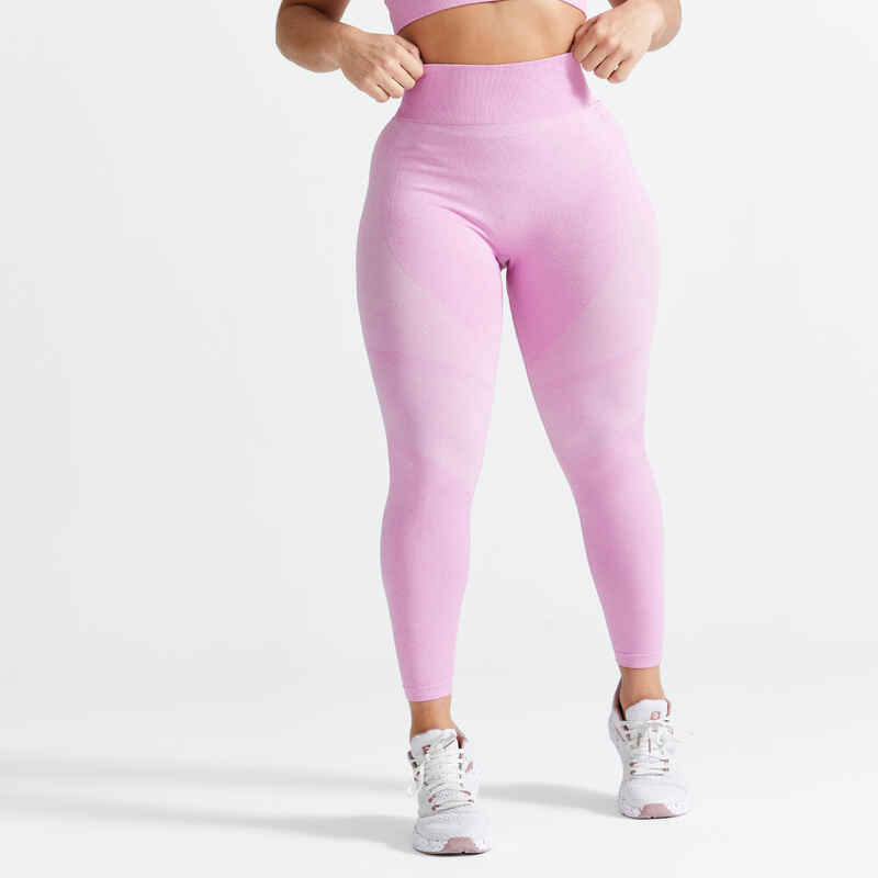Leggings mit Smartphonetasche hoher Taillenbund Fitness Cardio nahtlos - rosa