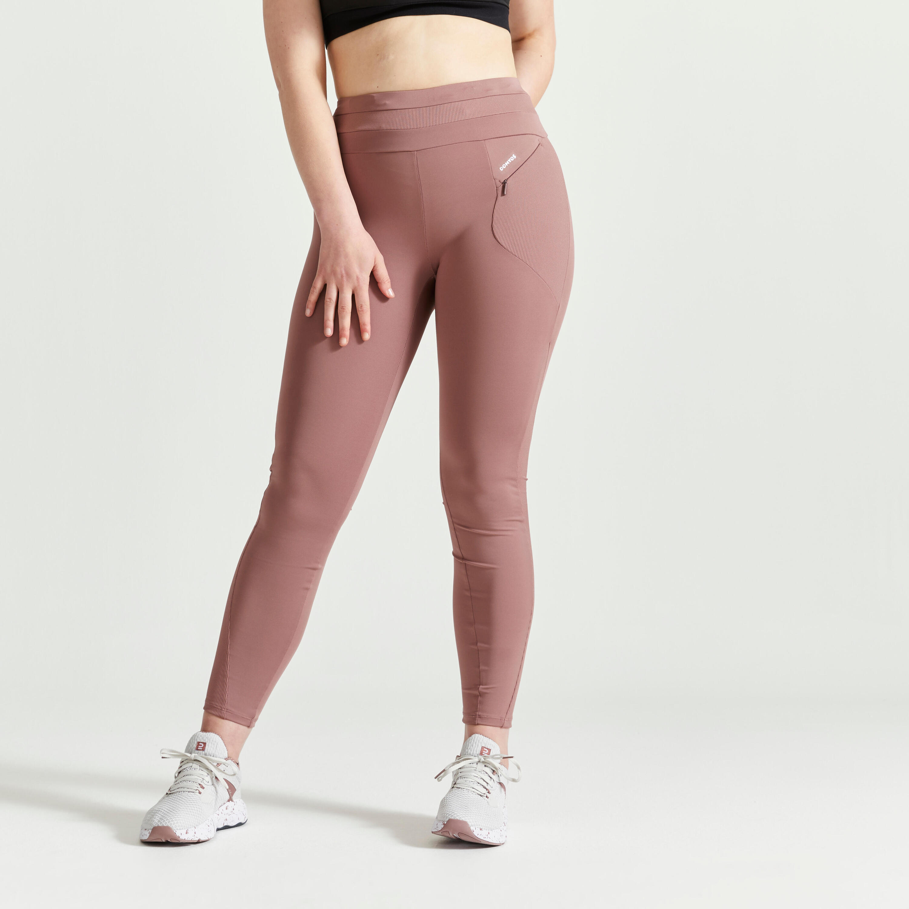 Women's High-Waisted Fitness Cardio Leggings with Drawcord - Brown 1/5