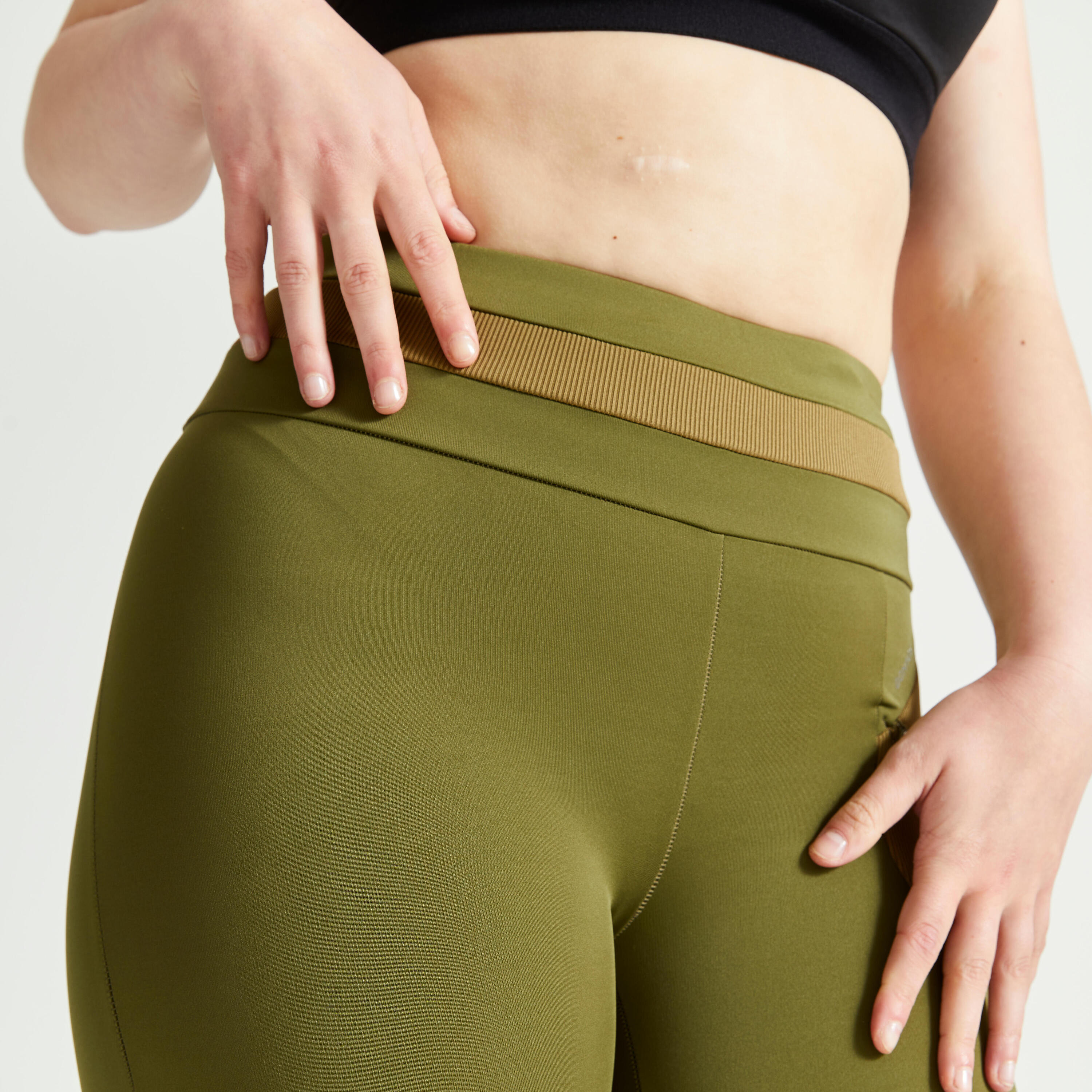 Leggings de Fitness Cintura Subida com Cordão de Aperto Mulher Caqui 3/5