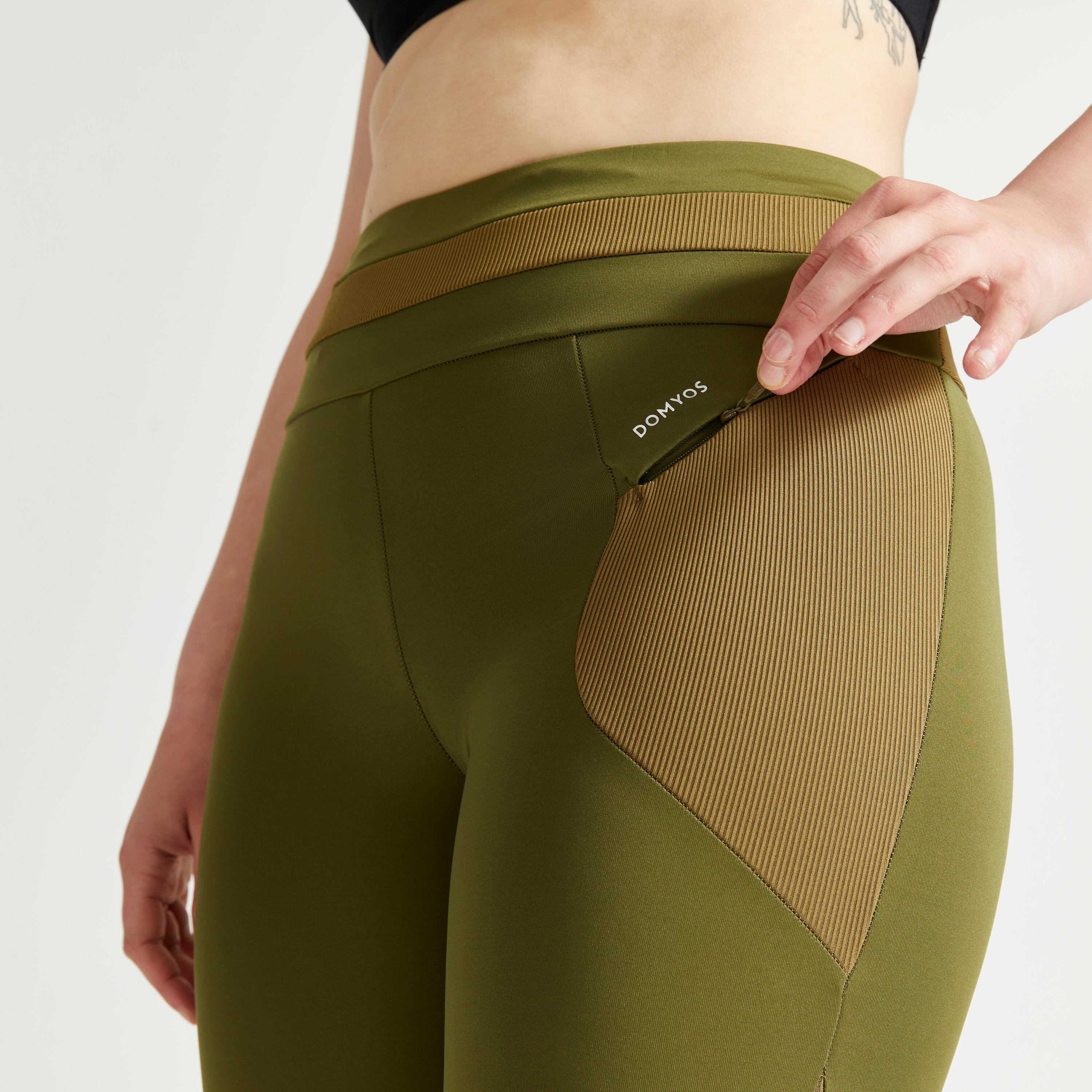 Leggings de Fitness Cintura Subida com Cordão de Aperto Mulher Caqui 4/5