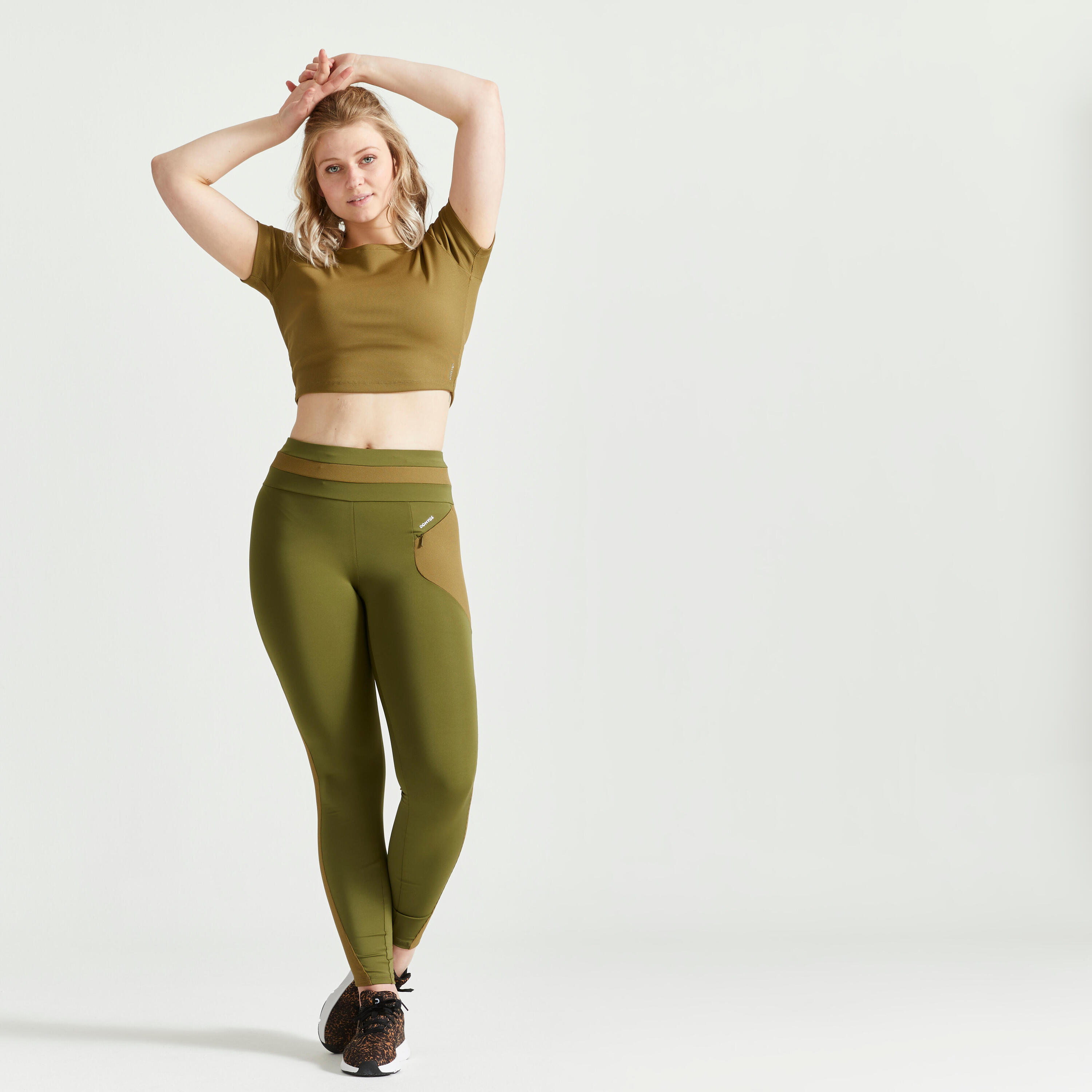 Leggings de Fitness Cintura Subida com Cordão de Aperto Mulher Caqui 2/5