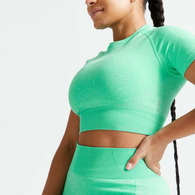 Camiseta fitness crop top sin costuras Mujer Domyos 900 verde malaquita