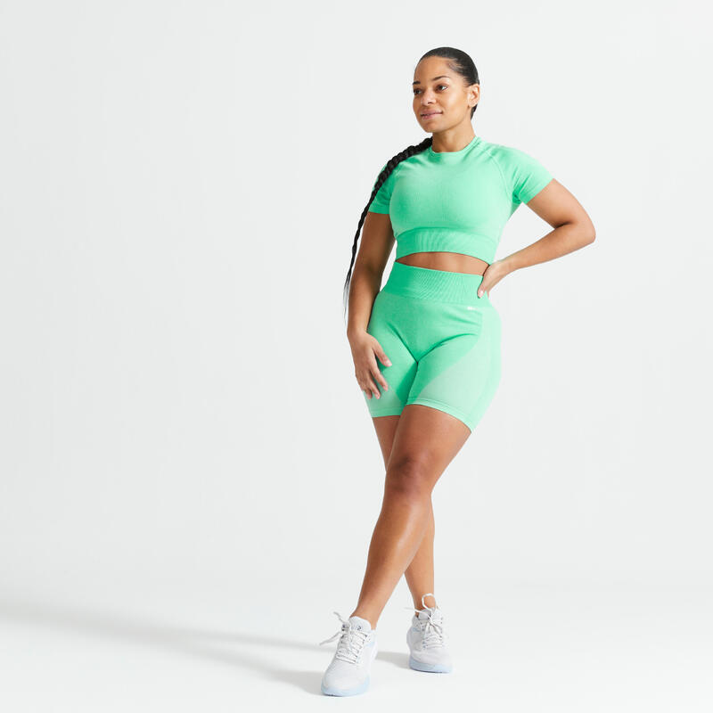 Camiseta fitness crop top sin costuras Mujer Domyos 900 verde malaquita