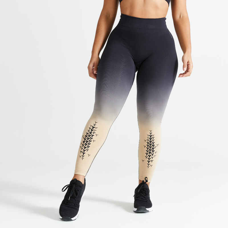 Leggings de fitness de talle alto para Mujer Domyos negro/beige
