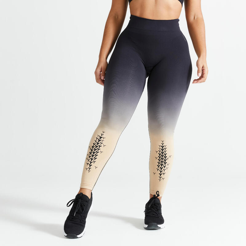 Leggings mallas fitness Mujer Domyos Cross 900 negro y dorado