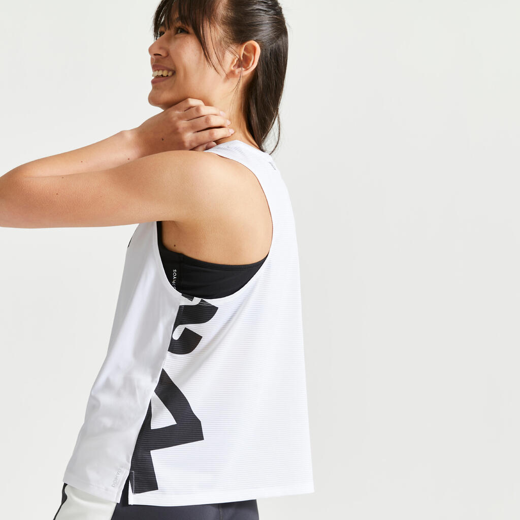 Women's Short Loose Bimaterial Fitness Cardio Tank Top - White and Black Print