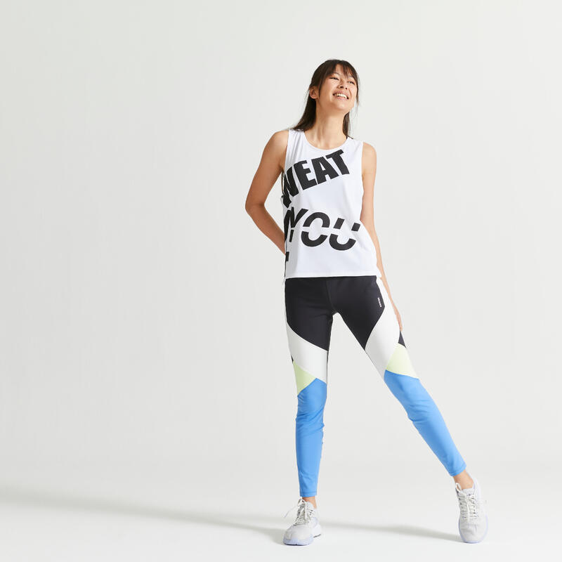 Korte damestop voor cardiofitness twee materialen loose fit zwart/wit print