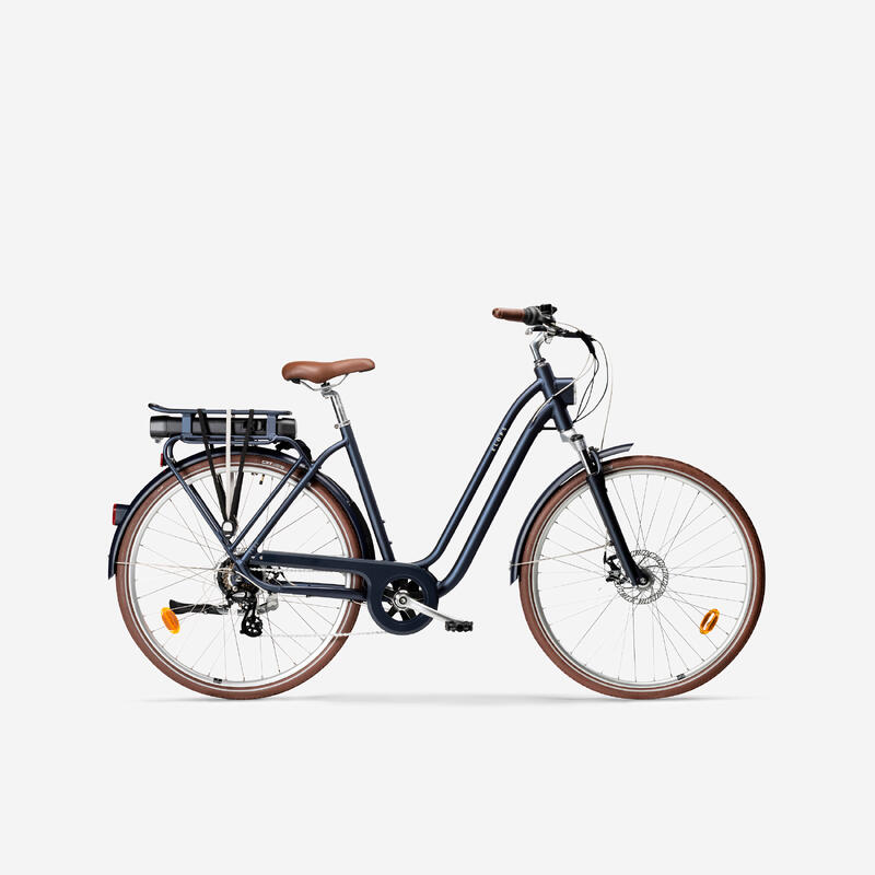 Bicicleta eléctrica de paseo urbana cuadro bajo Elops 900 E azul marino