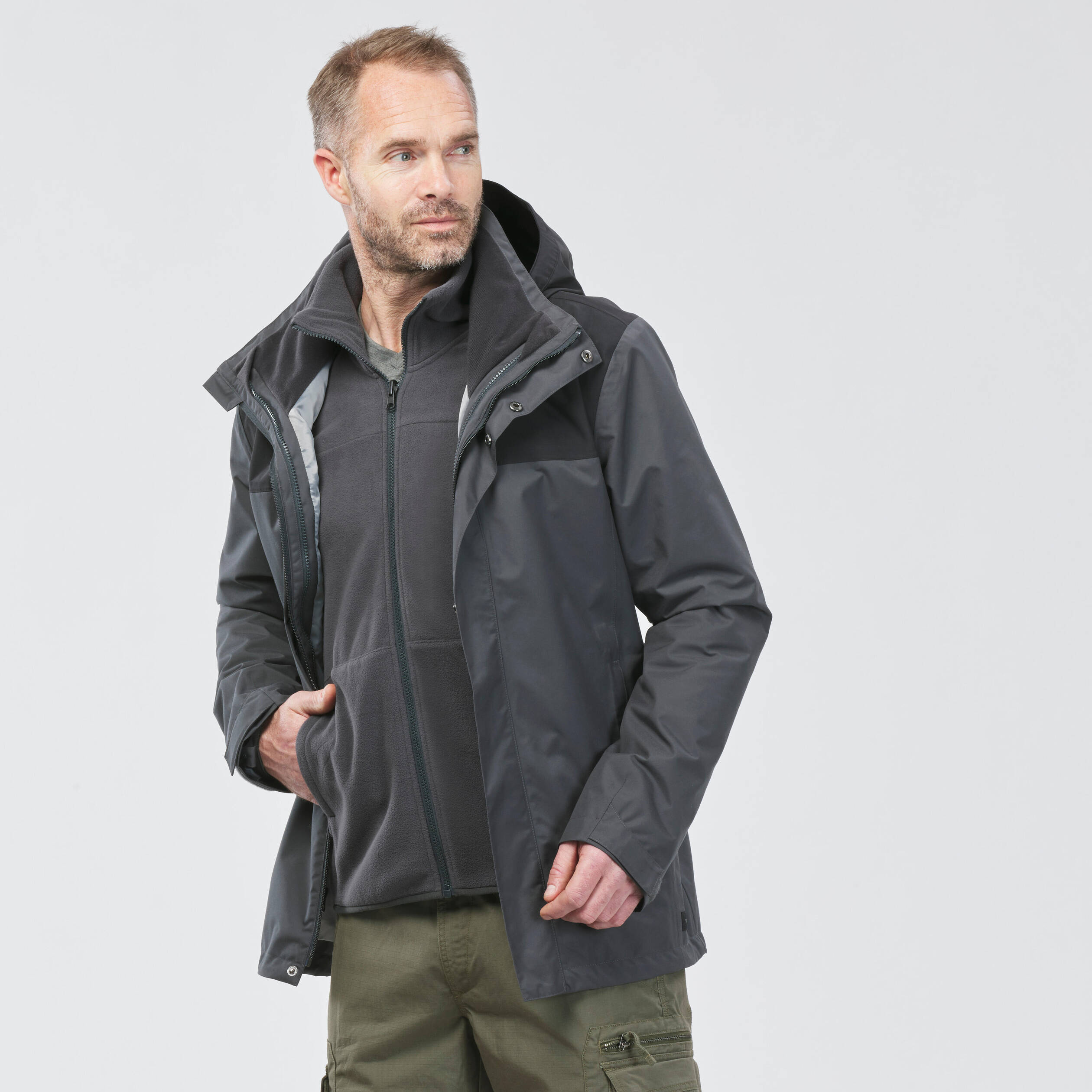Men’s 3-in-1 waterproof hiking jacket - SH100 0°C Grey