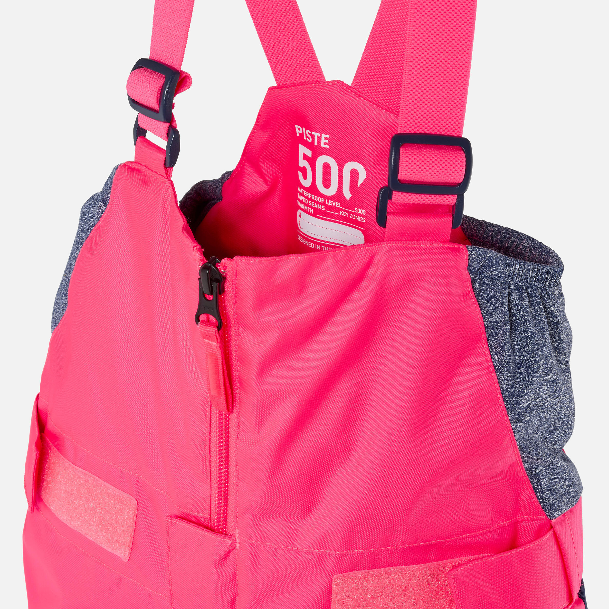 KIDS’ WARM AND WATERPROOF SKI DUNGAREES - 500 PNF - NEON PINK AND NAVY  5/6
