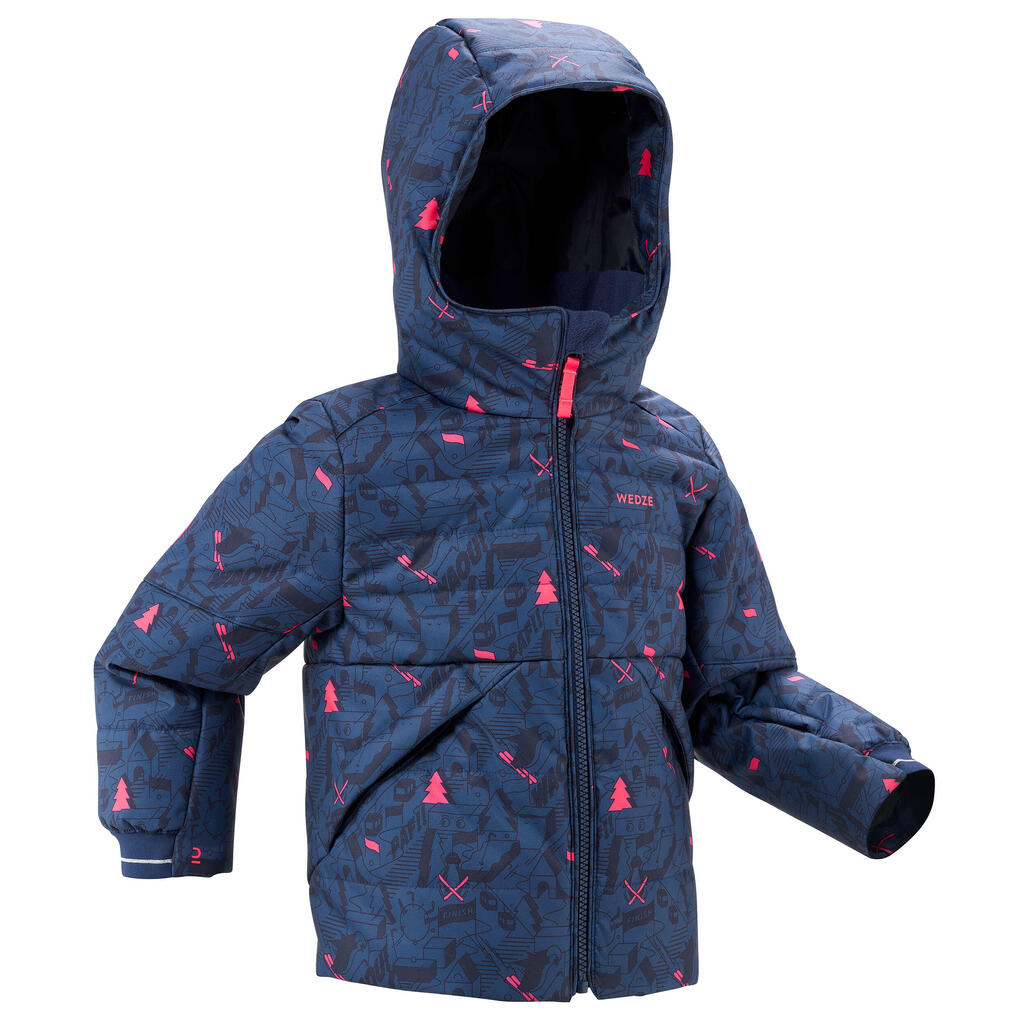 KIDS’ EXTRA WARM AND WATERPROOF PADDED SKI JACKET - 180 WARM - NAVY/NEON PINK