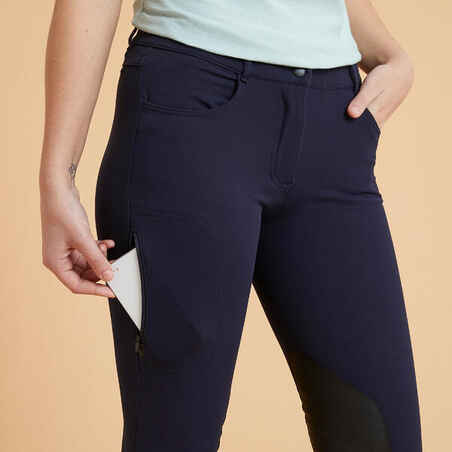 Women's Horse Riding Grippy Suede Patch Jodhpurs 500 - Navy