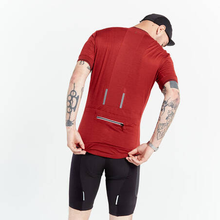 Men's Merino Short-Sleeved Cycling Jersey GRVL900 - Burgundy