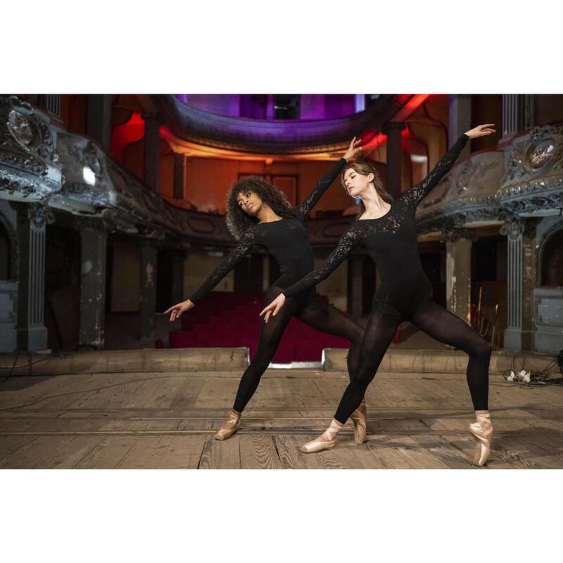 Justaucorps danse en dentelle noir manches longues femme, noir