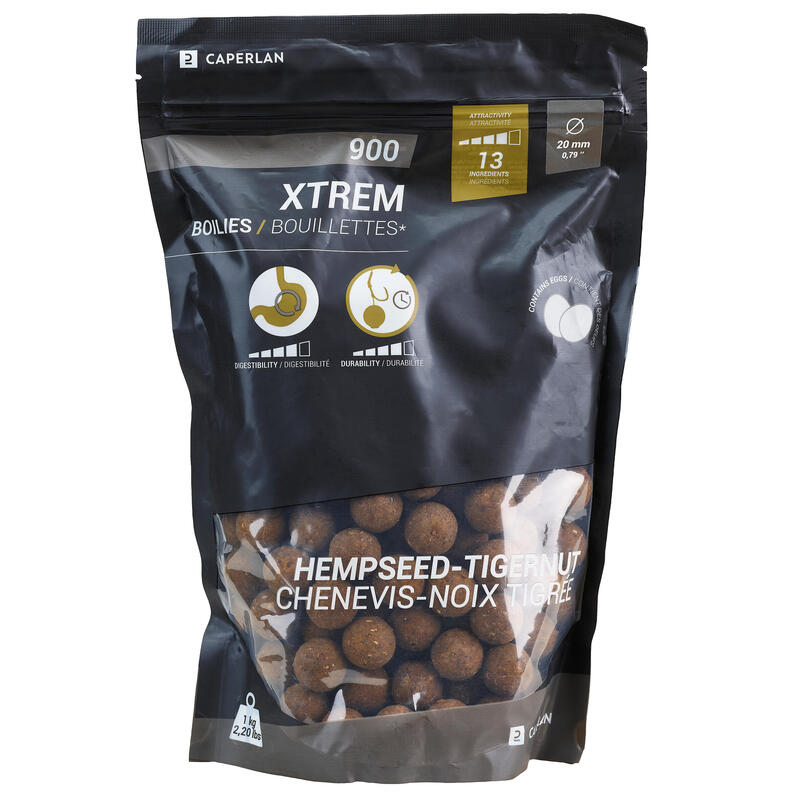 Boilies na kaprařinu Xtrem 900 20 mm 1 kg Konopné semínko / tygří ořech