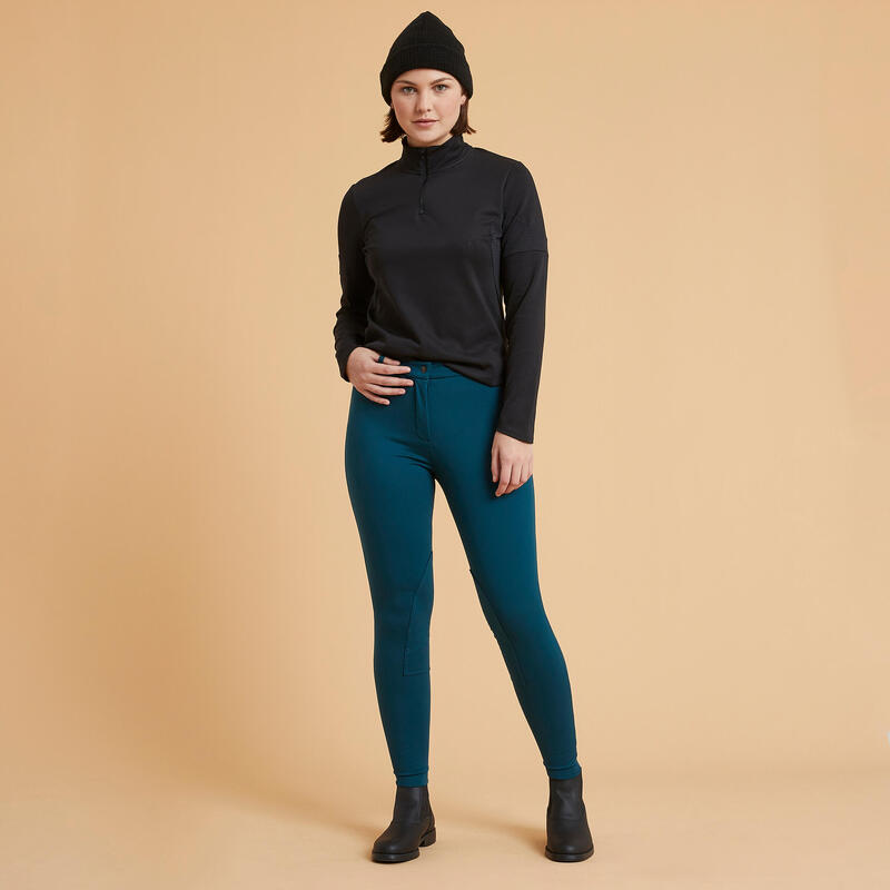 Winter-Reithose 100 Warm Kniebesatz Stoff Damen petrolblau