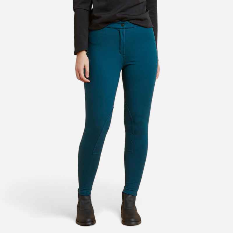 Winter-Reithose 100 Warm Kniebesatz Stoff Damen petrolblau