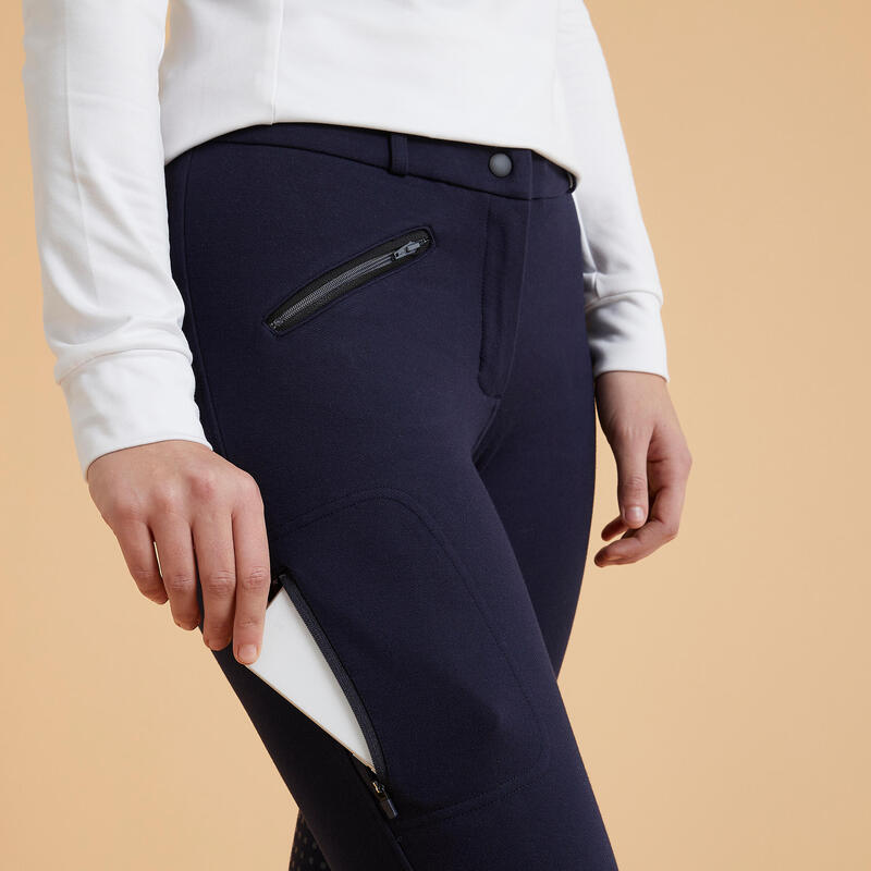 PANTALON echitație 500 full grip călduros Bleumarin Damă