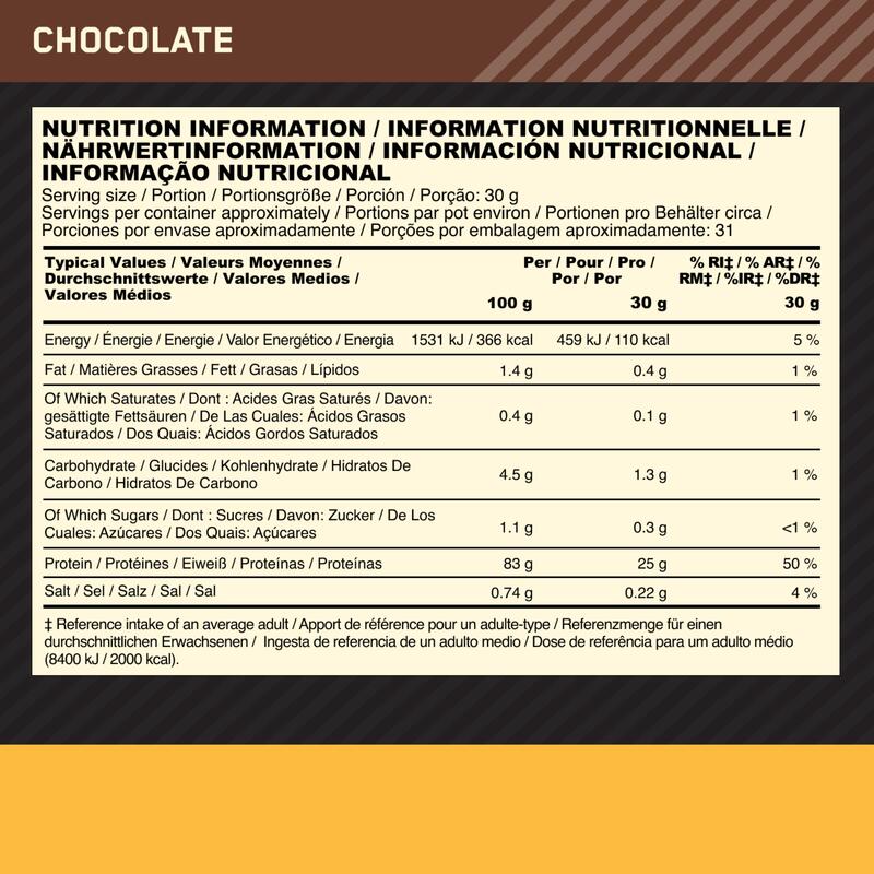 Eiwitten Gold Whey Standard 100% isolate chocolade 930 g