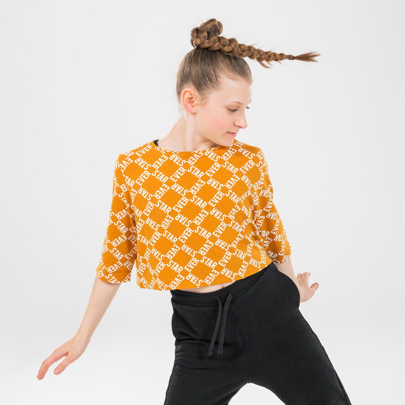 Lány crop top póló modern tánchoz, okkersárga, mintás 