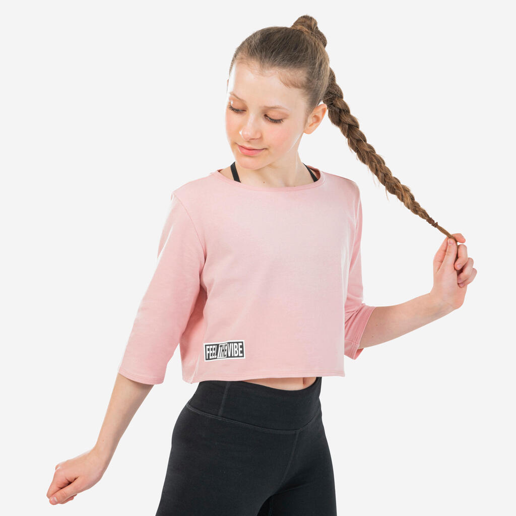 Tanzshirt Modern Dance Crop Top Mädchen ocker mit Print