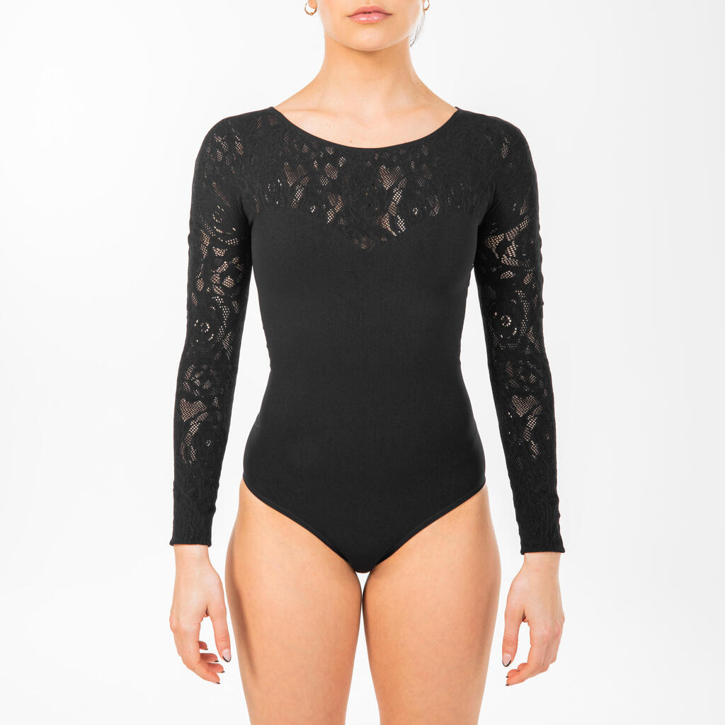 Women's Long-Sleeved Black Lace Dance Leotard - Made in Italy