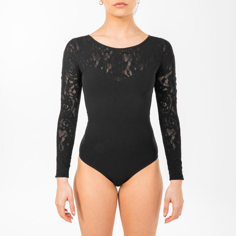 Justaucorps danse en dentelle noir manches longues femme, noir