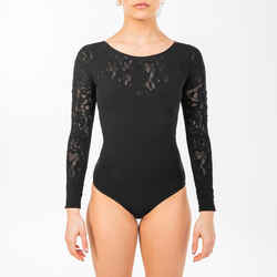 Women's Long-Sleeved Black Lace Dance Leotard - Made in Italy