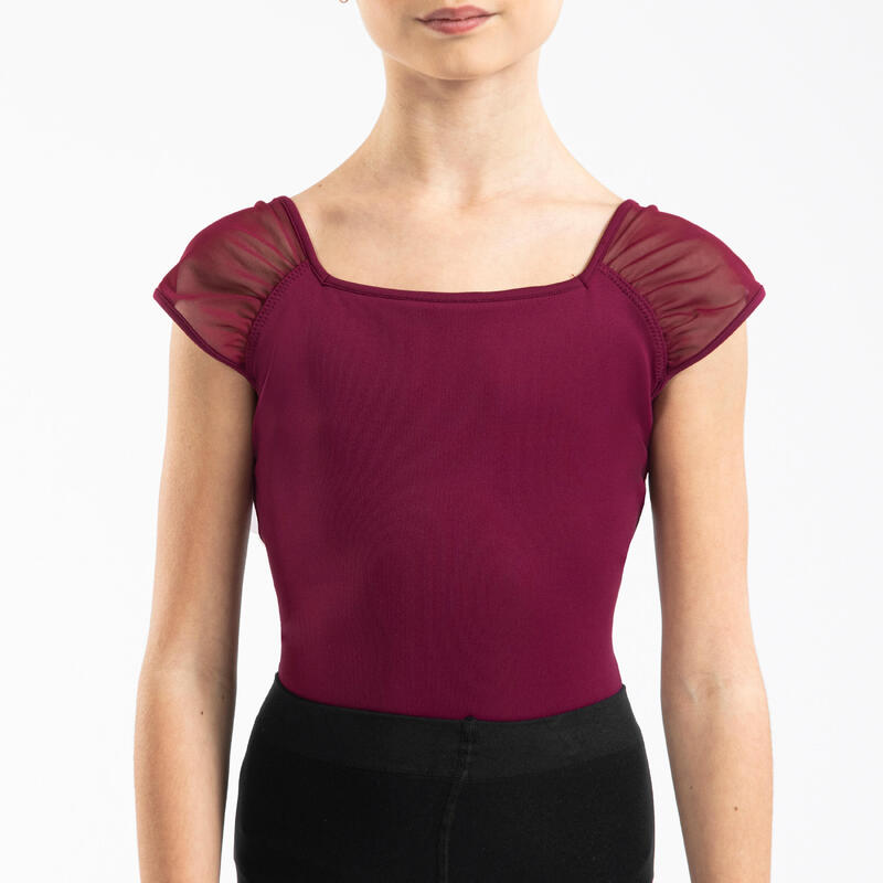 Maillot de Ballet com Mangas Curtas em Tule Menina Bordeaux.