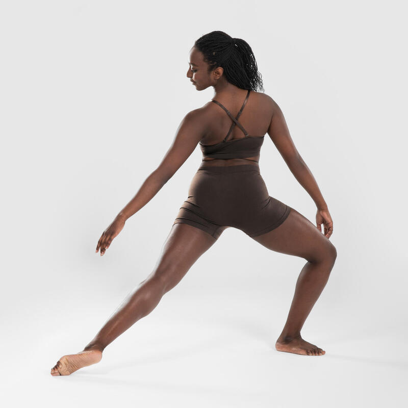 Női sportmelltartó modern tánchoz, átalakítható pántokkal, sötétbarna 