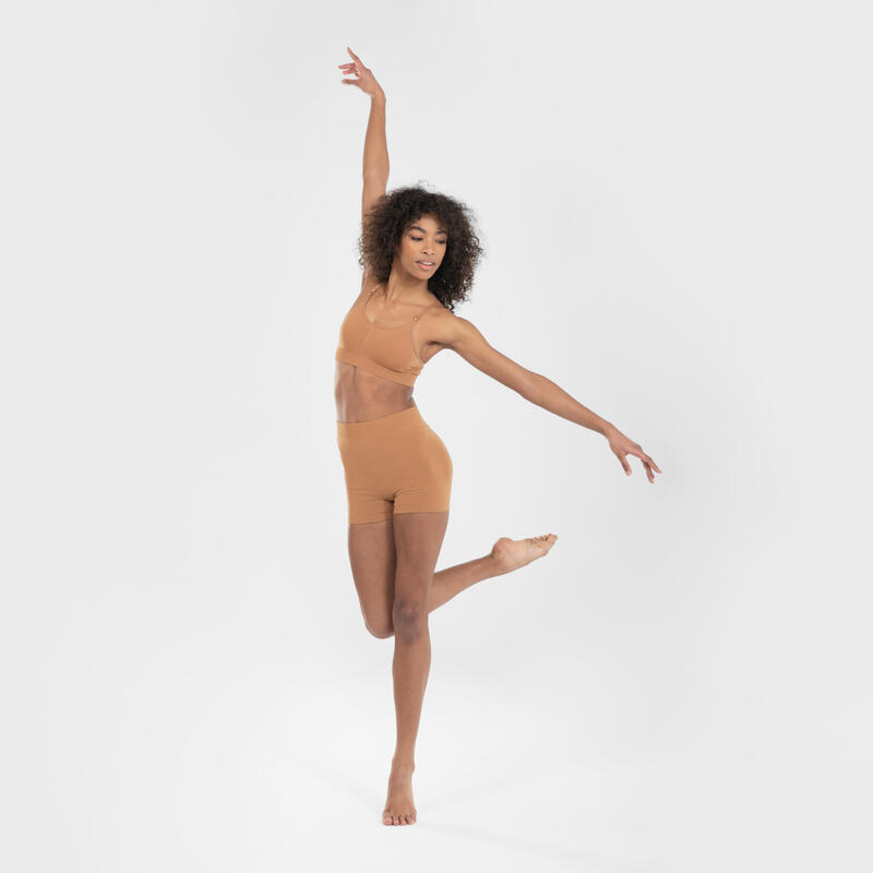 Női rövidnadrág modern tánchoz, varrás nélküli, világosbarna 