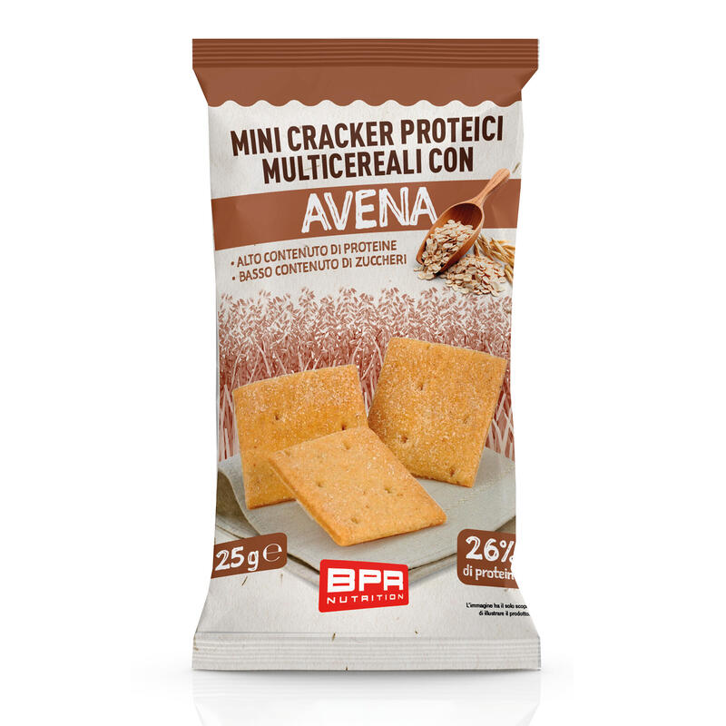 Cracker proteici mini multicereali avena BPR naturali e vegan prodotti da forno.